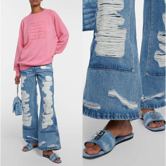 NWT GIVENCHY Light Blue Denim Silver Tone 4G Logo Flat Sandals Size EU37 - Picture 2 of 9